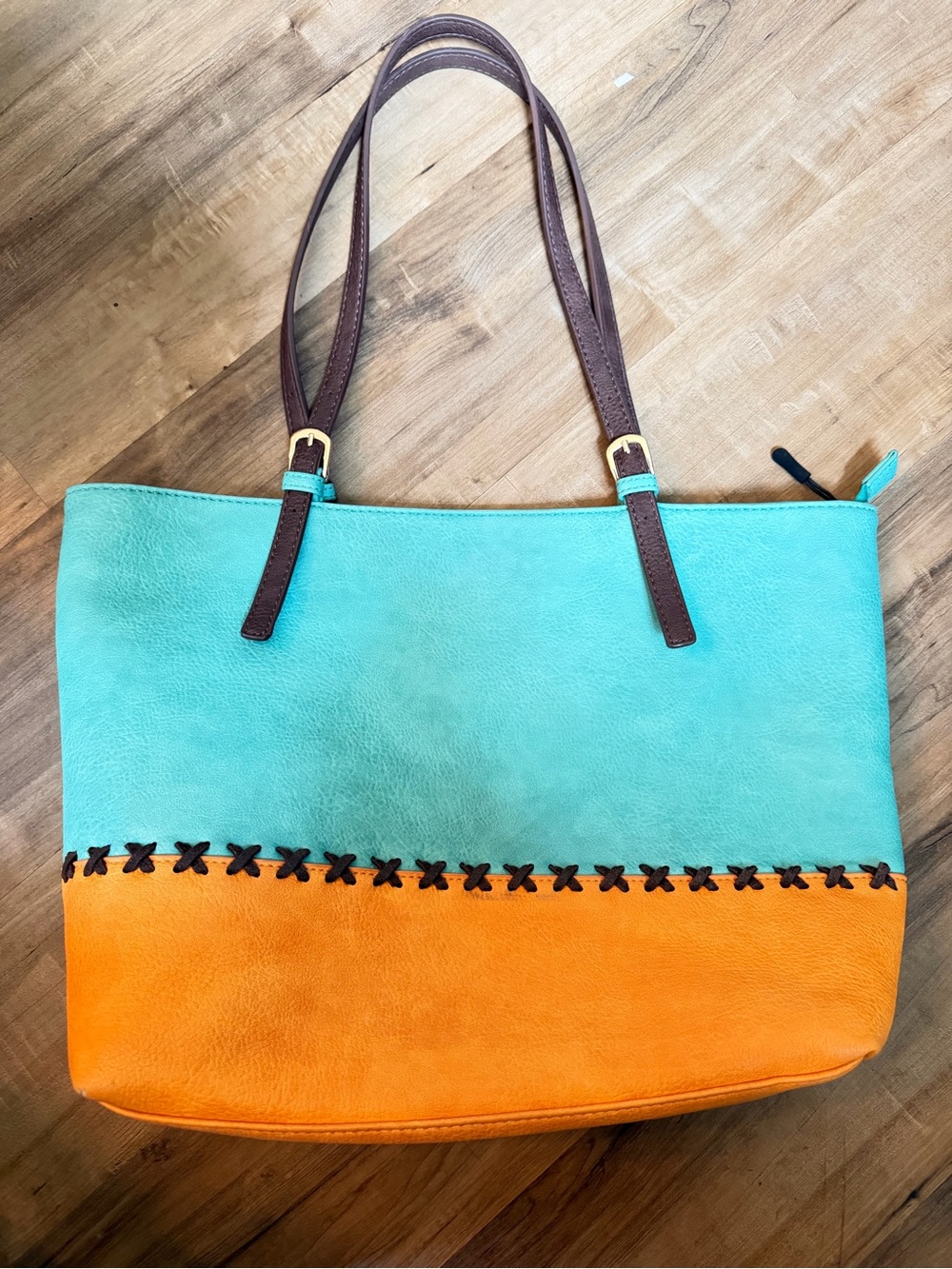 Montana West Turquoise and Orange Colorblock Tote Bag with Brown Straps